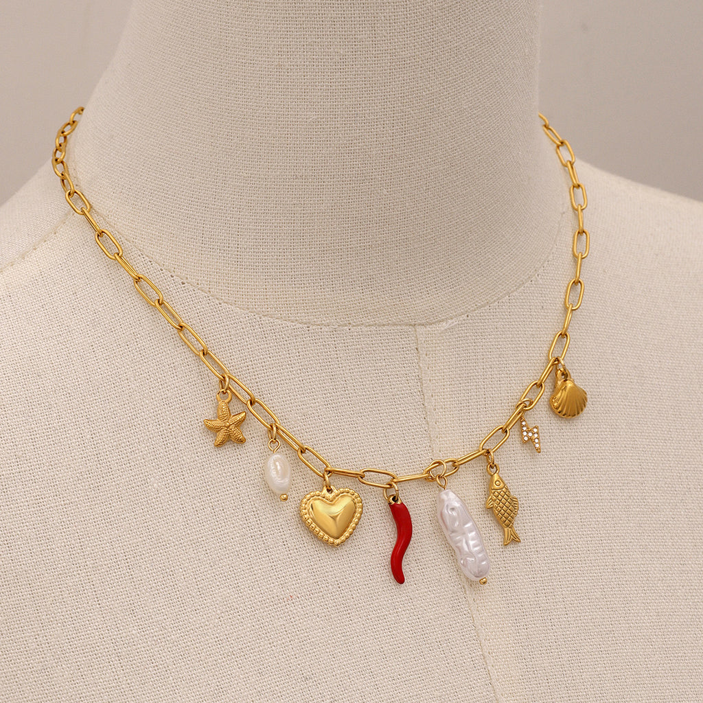 18K Gold Summer Beach Pearl Italian Horn Charm Necklace