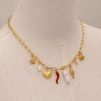 18K Gold Summer Beach Pearl Italian Horn Charm Necklace