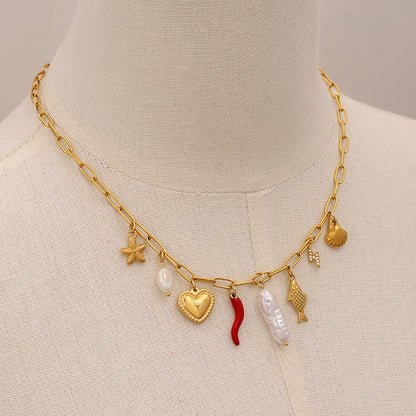 18K Gold Summer Beach Pearl Italian Horn Charm Necklace