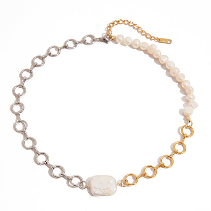 18K Gold Two Tone Chunky Beaded Pearl Paperclip Chain Layered Necklace Set