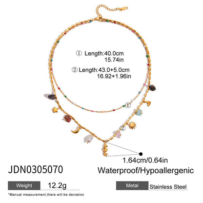 18K Gold Summer Memory Color Charm Double Chain Layered Necklace Set