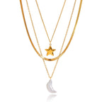 18K Gold Celestial Dream Star Pendant Pearl Moon Herringbone Chain Layered Necklace Set