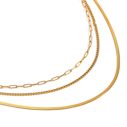 18K Gold Herringbone Snake Chain Paperclip Layered Necklace Set