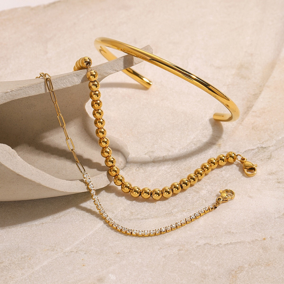 18K Gold The Fine Edit Beaded Chain Tennis Cuff Bangle Bracelet Stack