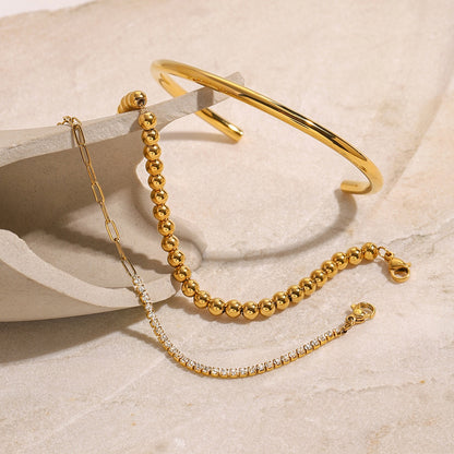 18K Gold The Fine Edit Beaded Chain Tennis Cuff Bangle Bracelet Stack