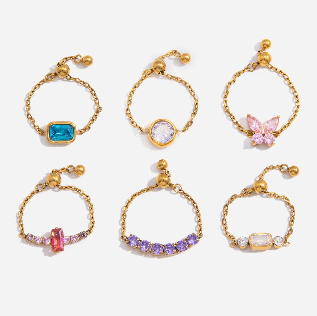 18K Gold Daydream Pink Butterfly Color Stones Adjustable Chain Ring