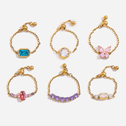 18K Gold Daydream Pink Butterfly Color Stones Adjustable Chain Ring