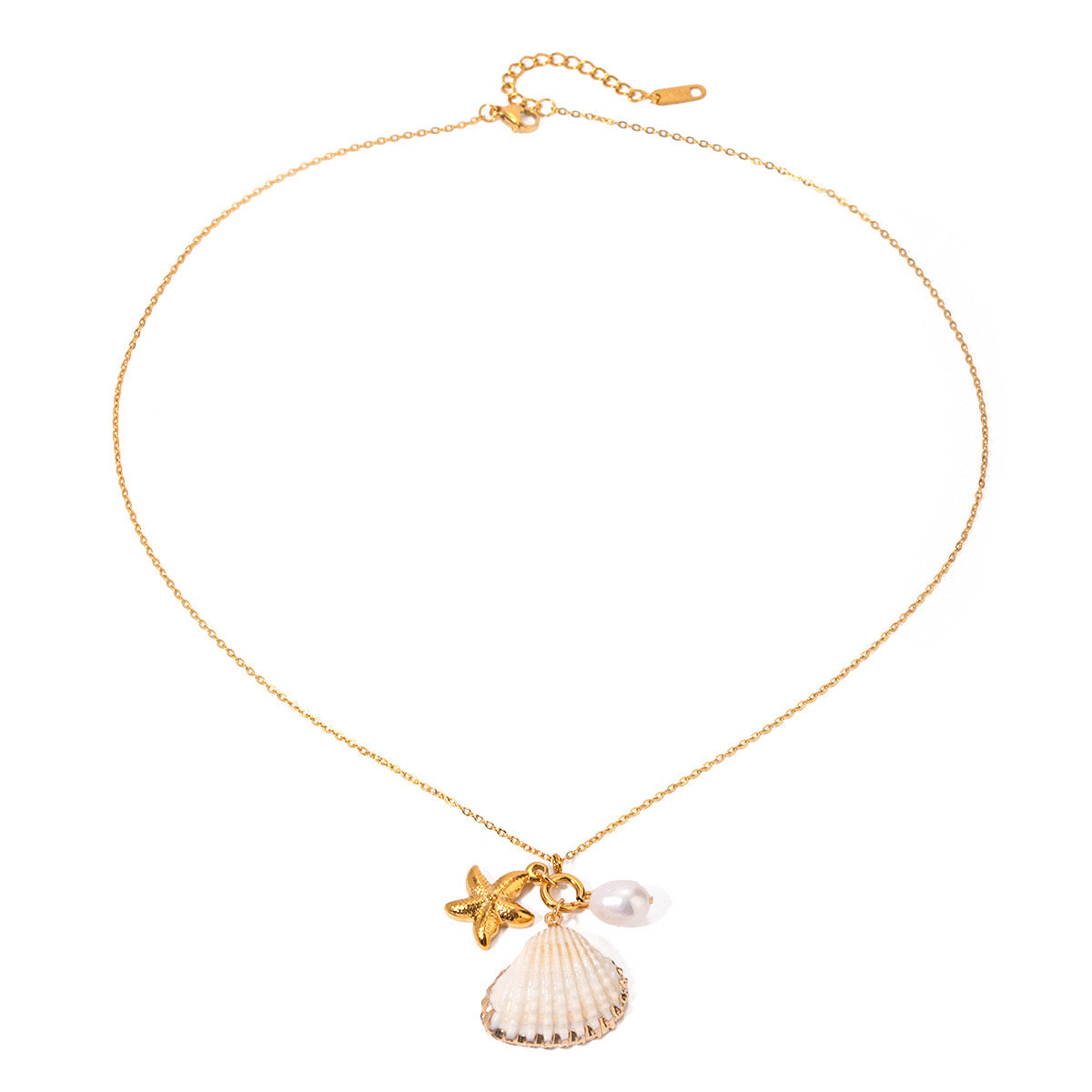 18K Gold Seashell Starfish Pearl Charm Long Necklace