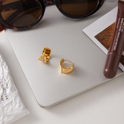 18K Gold Gentle Breeze Leaf CZ Small Hoop Huggie Earrings