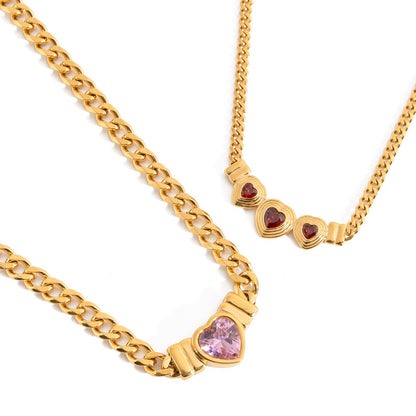 18K Gold Crimson Crush Red Pink Heart Cuban Link Chain Necklace
