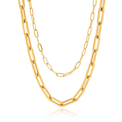 18K Gold Modern Edge Paper Clip Double Chain Layered Necklace Set