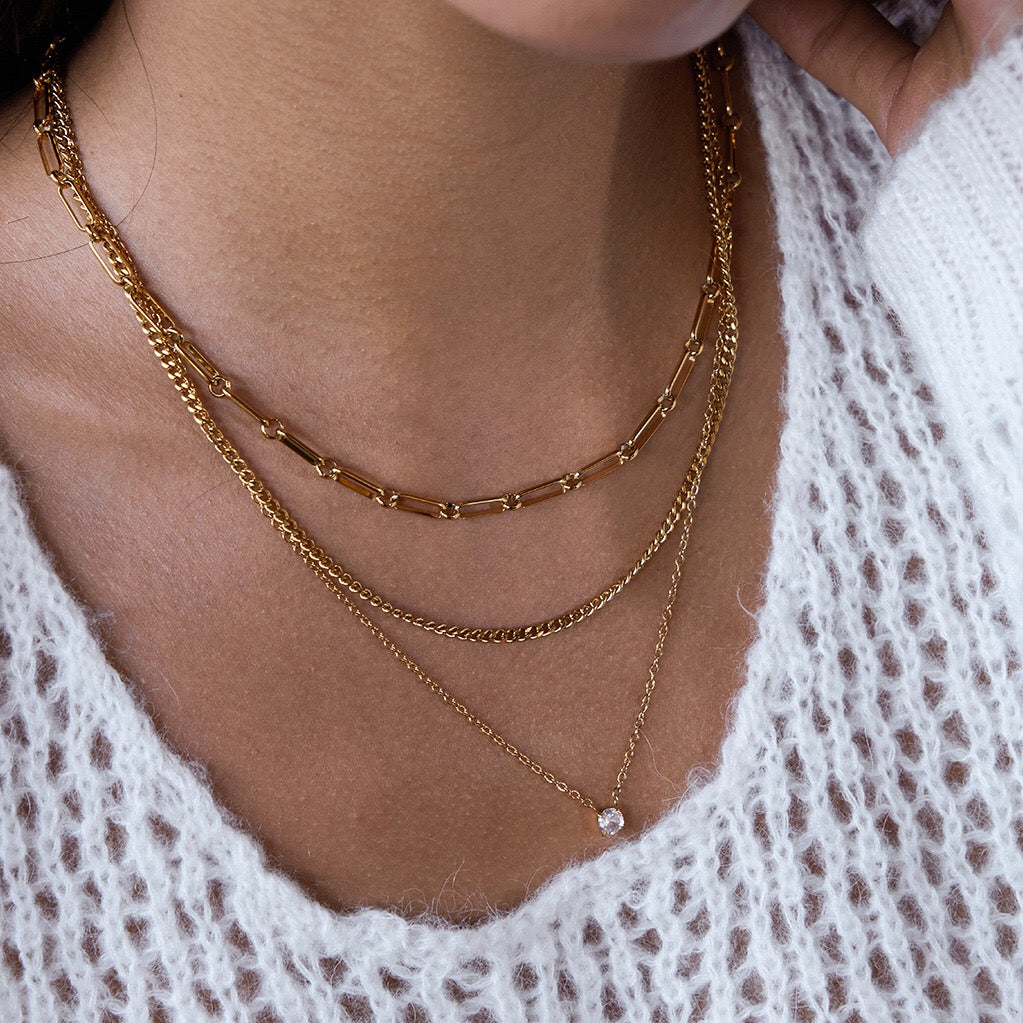 18K Gold Day Dream Dainty Pendant Paperclip Chain Layered Necklace Set