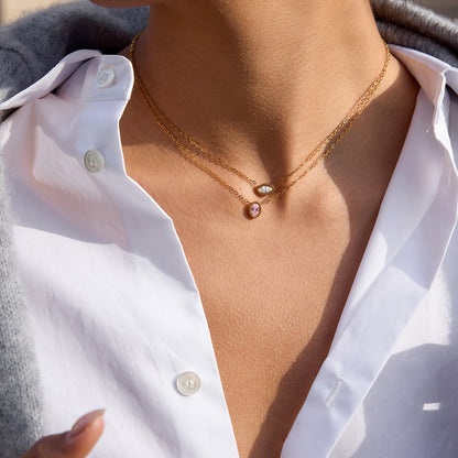 18K Gold Subtle Pink Dainty Bezel Pendant Necklace