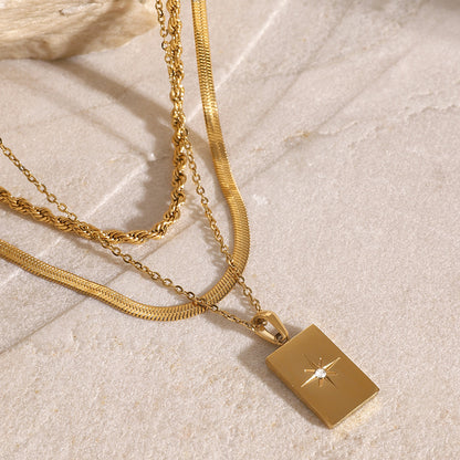 18K Gold Starburst Pendant Herringbong Snake Rope Chain Layered Necklace
