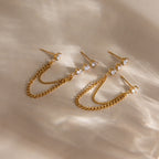 18K Gold Cascade Chain Drop Dangle CZ Stud Earrings Double Piercings