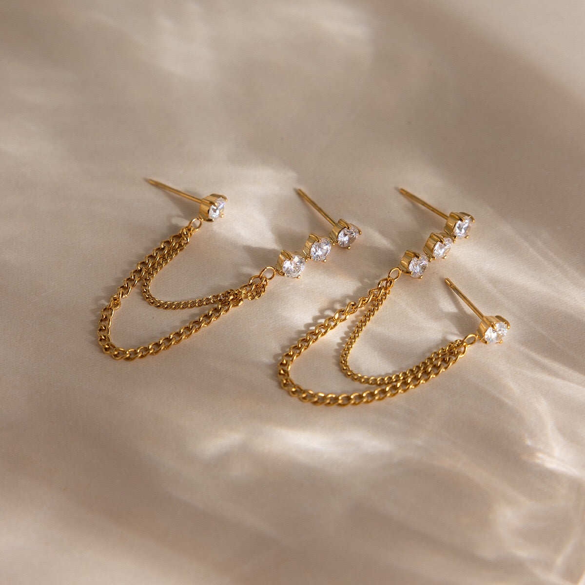 18K Gold Cascade Chain Drop Dangle CZ Stud Earrings Double Piercings