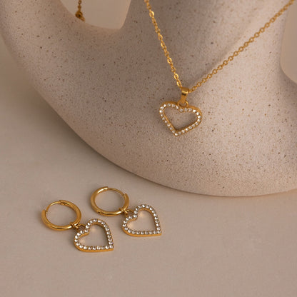 18K Gold Heartstrings Dainty Bling Heart Small Hoop Dangle Huggie Earrings