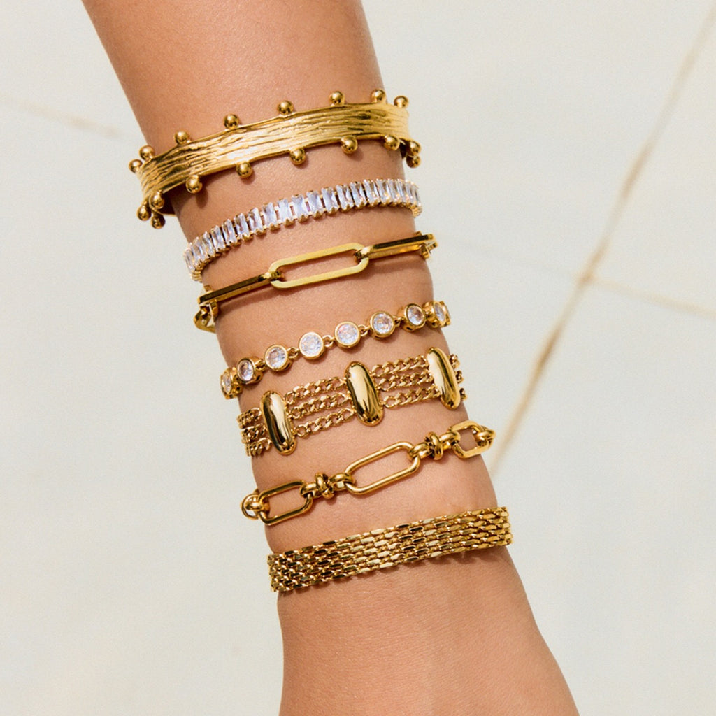 18K Gold Opulence Paperclip Chain Tennis Chunky Statement Bangle Bracelet Stack