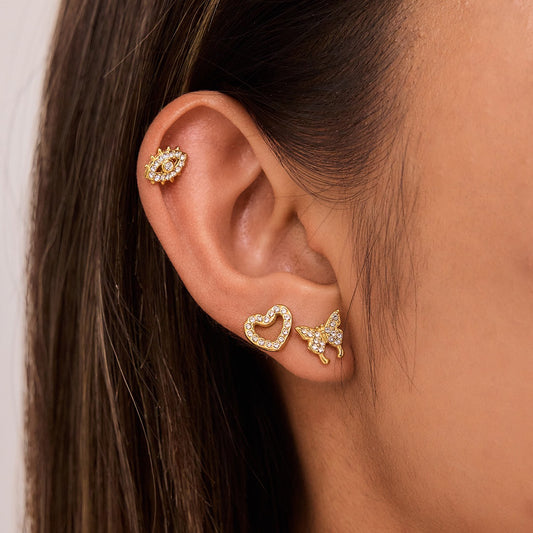18K Gold Mini Icons Pave Heart Butterfly Cartilage Earrings Ear Studs