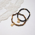 18K Gold Tiger Eye Starry Charm Beaded Bracelet Stack