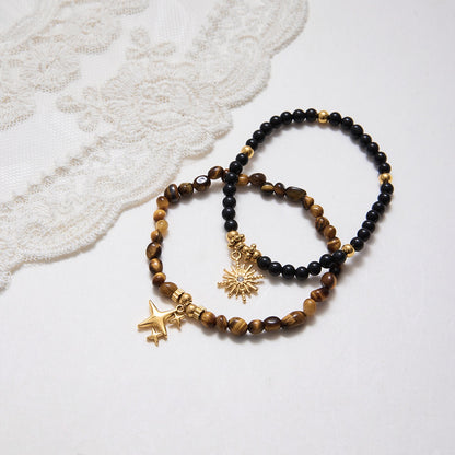 18K Gold Tiger Eye Starry Charm Beaded Bracelet Stack