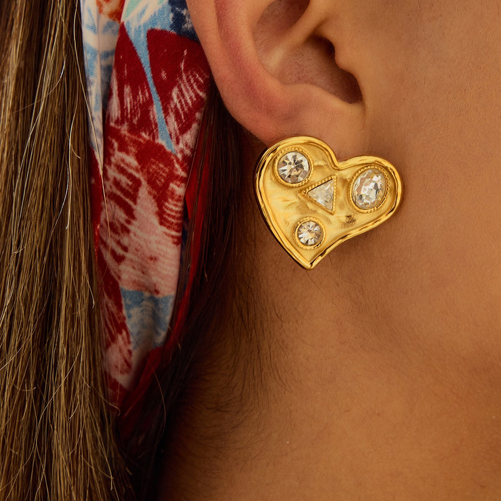 18K Gold Bold Heart CZ Statement Stud Earrings