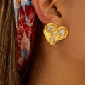18K Gold Bold Heart CZ Statement Stud Earrings