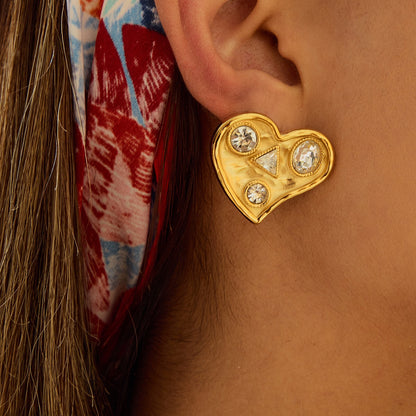 18K Gold Bold Heart CZ Statement Stud Earrings