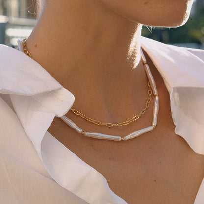 18K Gold Elegance Long Paper Clip Chain Layered Necklace Set