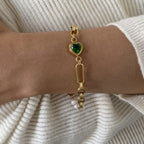 18K Gold Emerald Heart Pearl Beads Chunky Chain Bracelet
