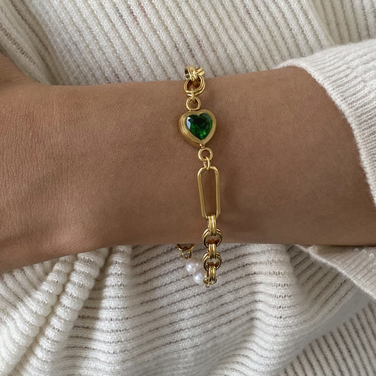 18K Gold Emerald Heart Pearl Beads Chunky Chain Bracelet