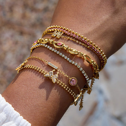 18K Gold Luxury Pink Butterfly Dainty Tennis Chain Bracelet Stack