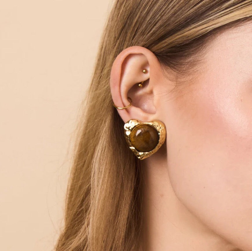 18K Gold Amber Kiss Tiger Eye Gemstone Heart Pendant Necklace