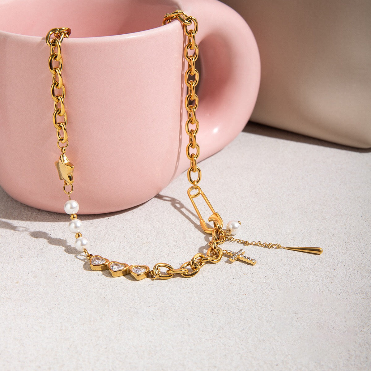 18K Gold Y2K Safty Pin Heart Pearl Cross Chain Necklace