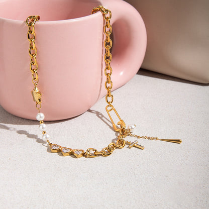 18K Gold Y2K Safty Pin Heart Pearl Cross Chain Necklace