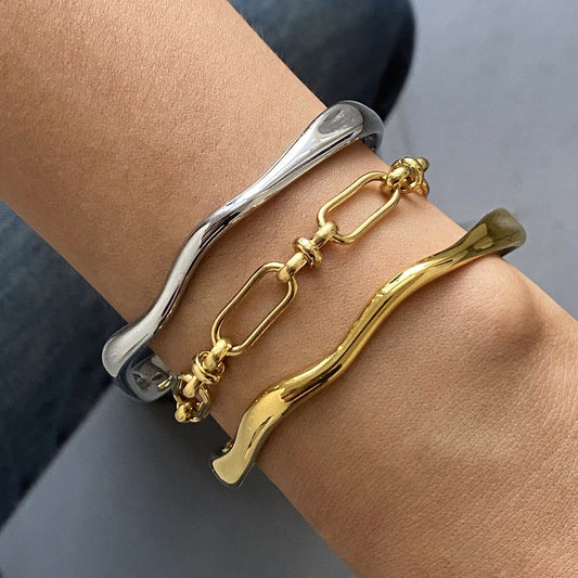 18K Gold Heatwave Paperclip Chain Bracelet Cuff Bangle Stack