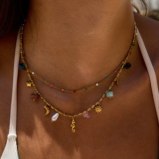 18K Gold Summer Memory Color Charm Double Chain Layered Necklace Set