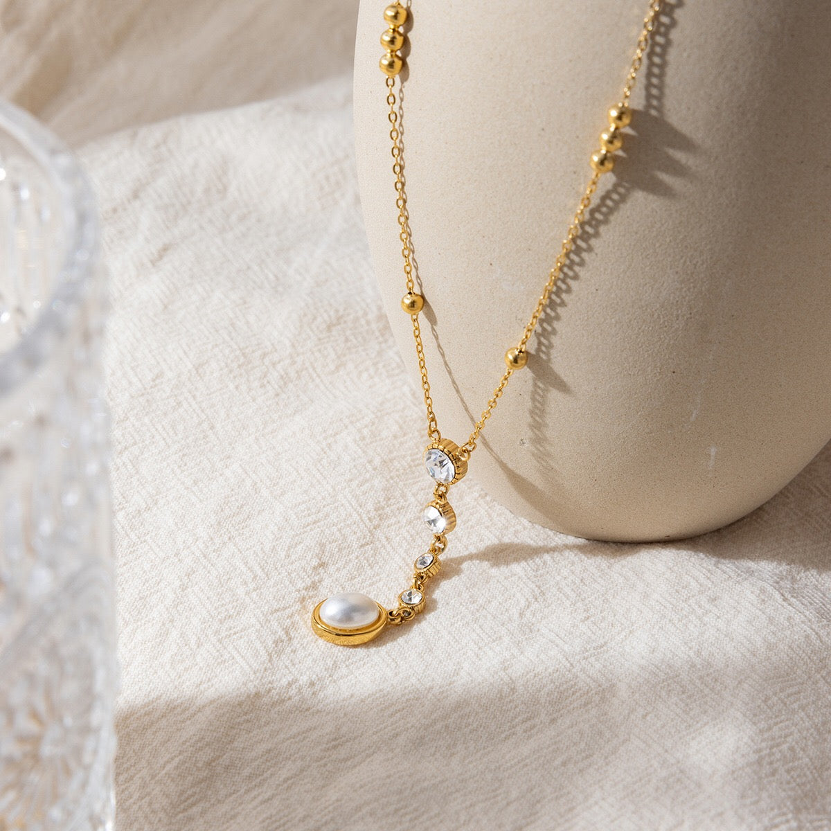 18K Gold Sweet Lumi Pearl Y Shape Lariat Dainty CZ Necklace