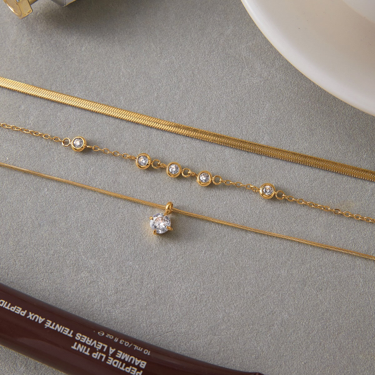 18K Gold Starry Jewel Herringbone Snake Chain Layered Necklace Set