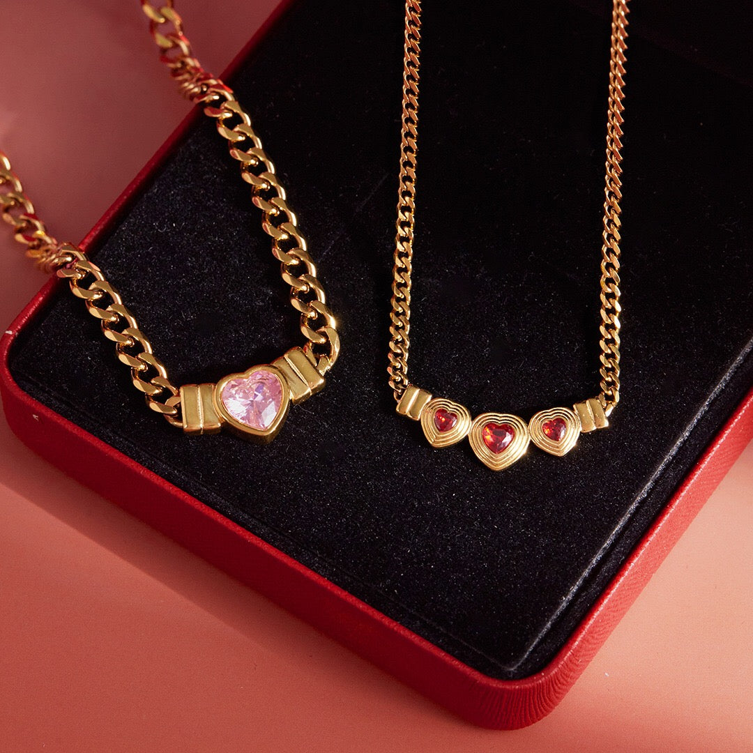 18K Gold Crimson Crush Red Pink Heart Cuban Link Chain Necklace