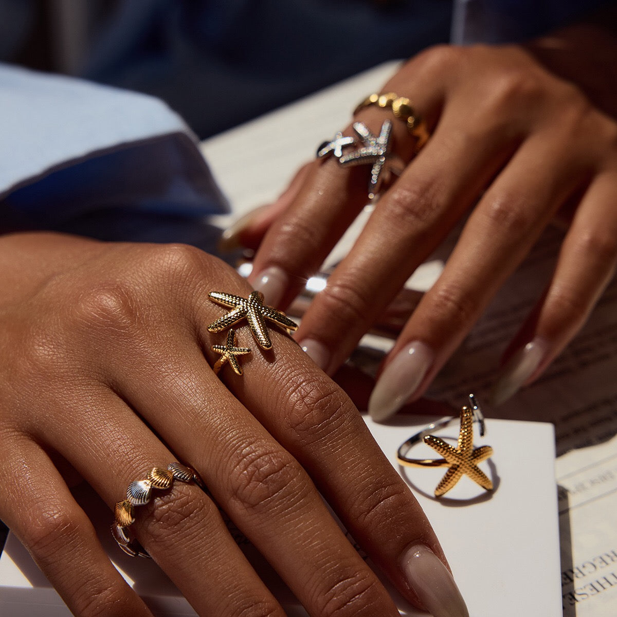 18K Gold and Silver Two Tone Coastal Glow Seashell Starfish Cuff Ring