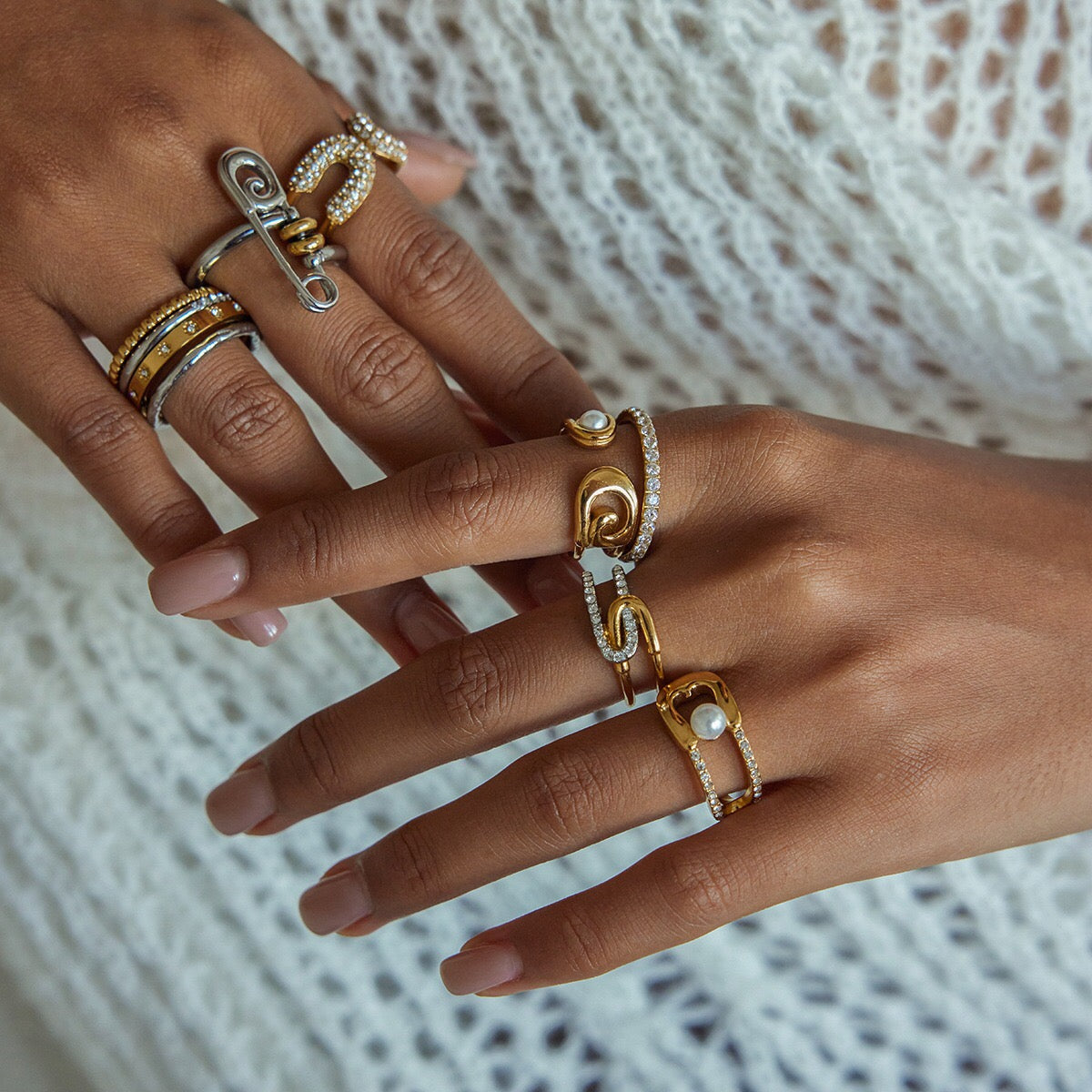 18K Gold Runway Chic Safety Pin CZ Pearl Statement Rings