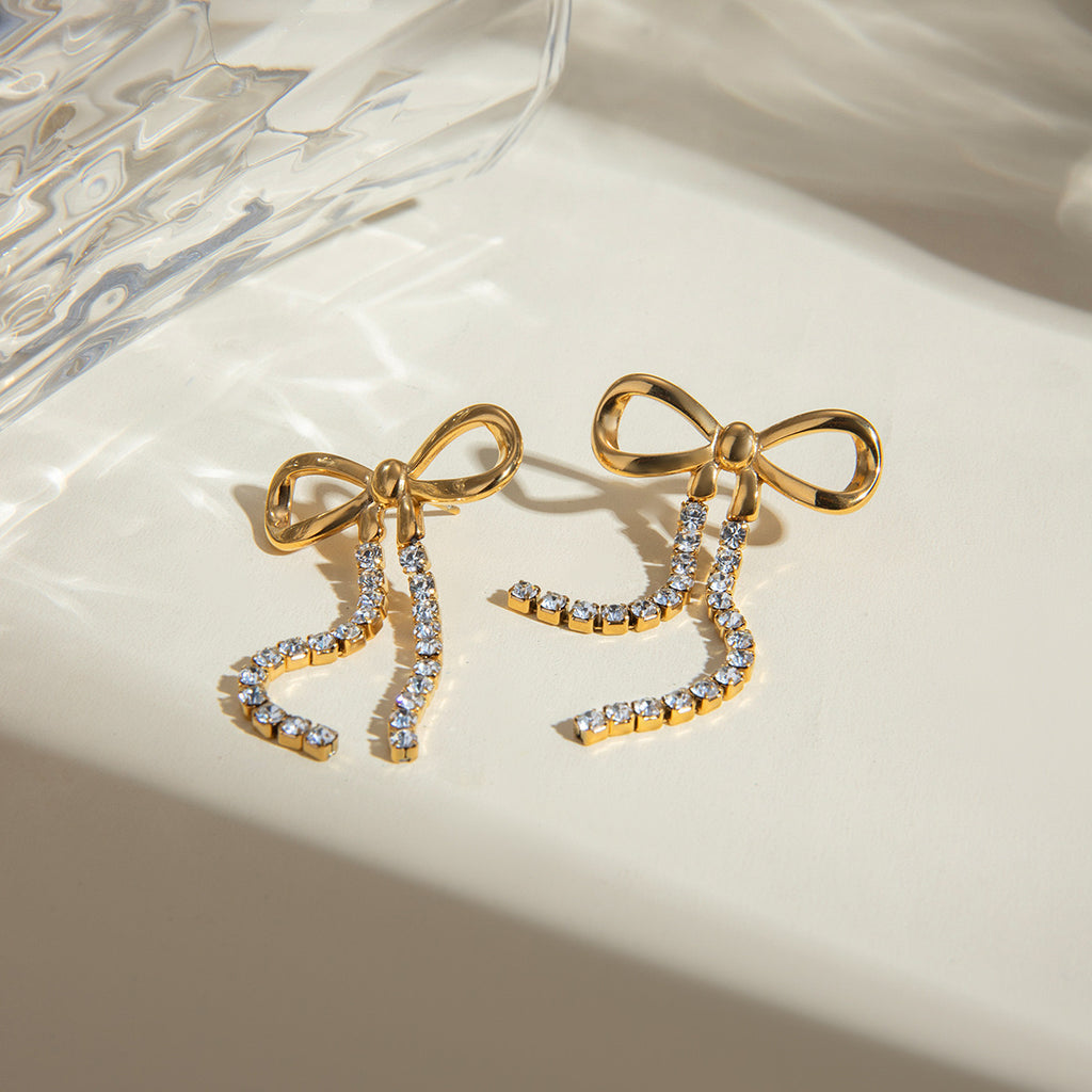 18K Gold Bling Bow Dangle Drop Earrings