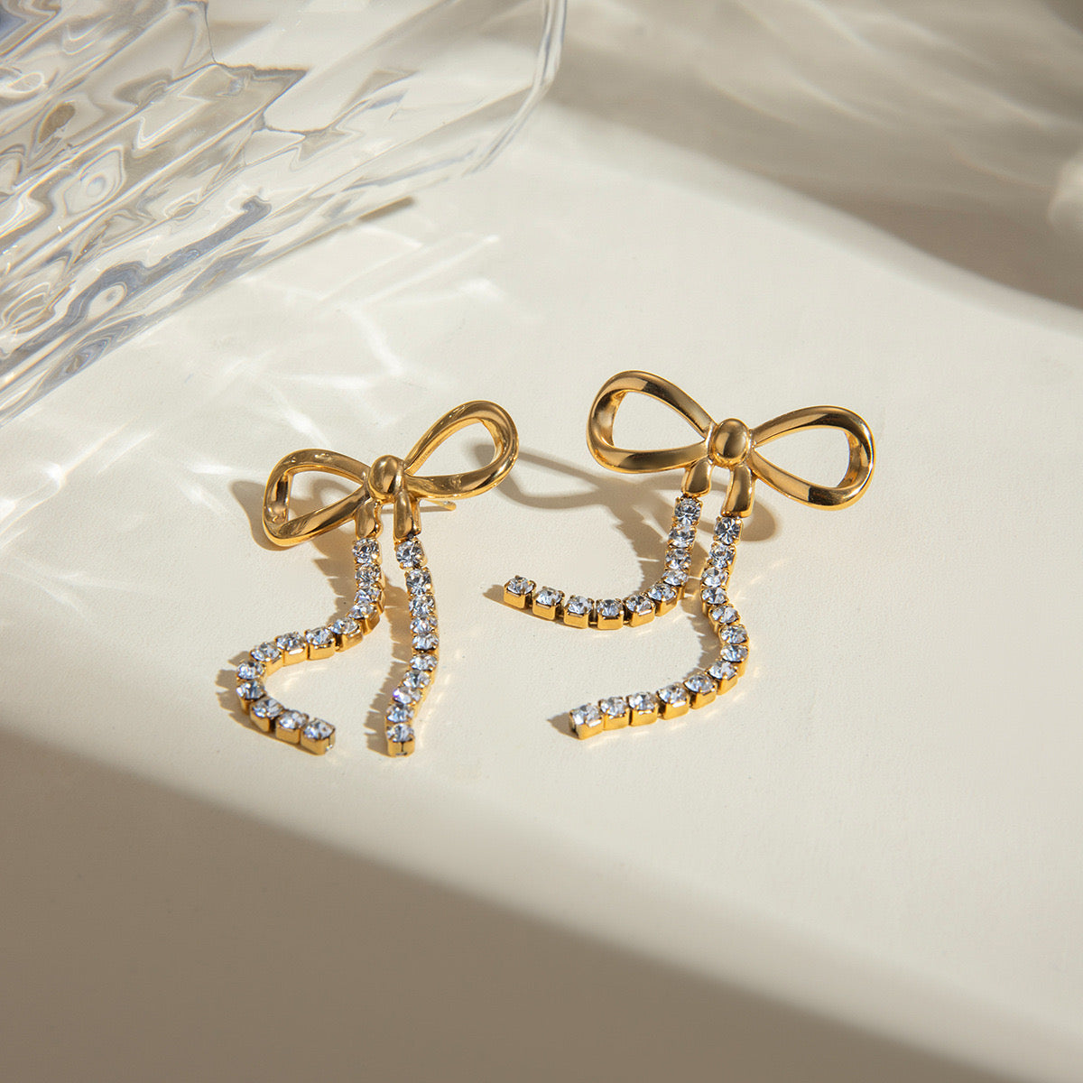 18K Gold Bling Bow Dangle Drop Earrings