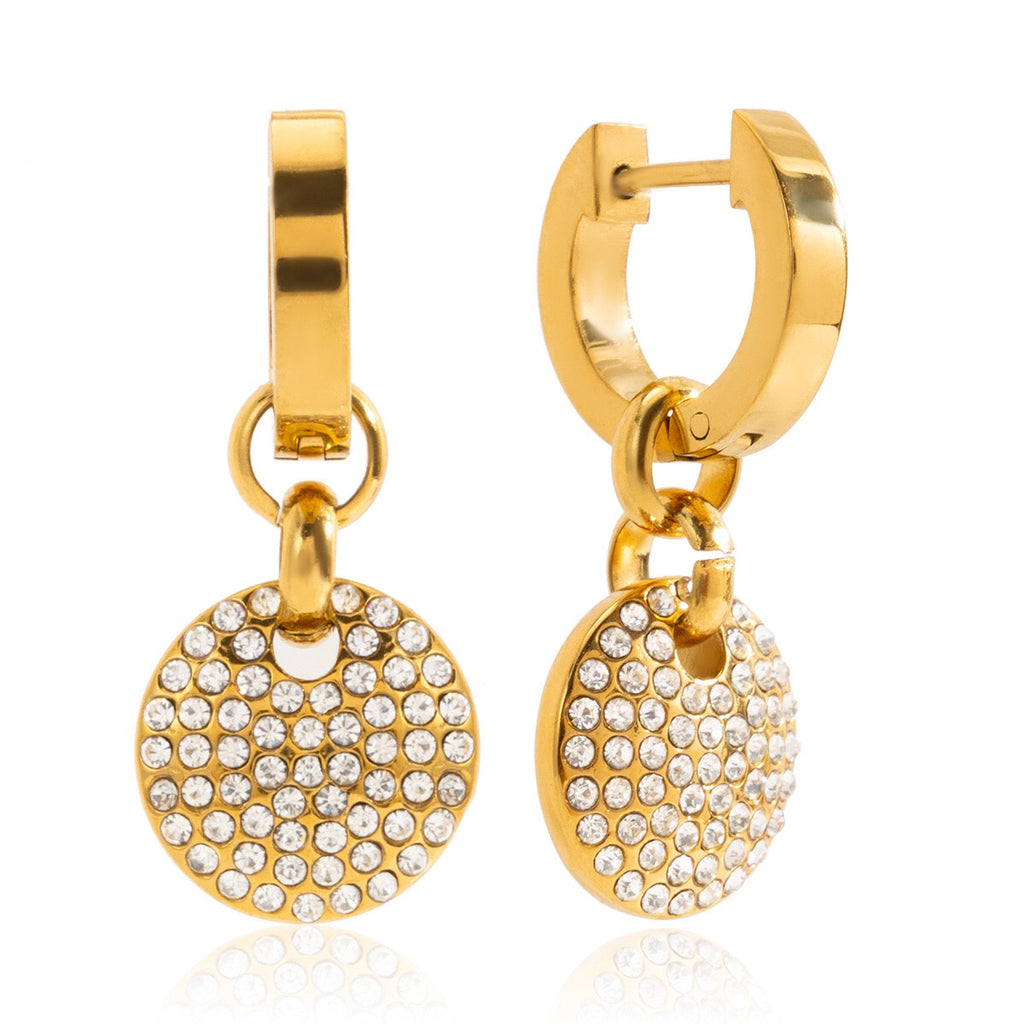 18K Gold Swinging sparkle Pave Disc Small Hoop Dangle Huggie Earrings