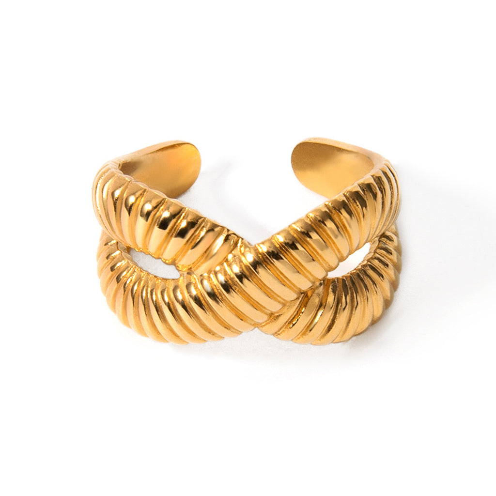 18K Gold Ribbed Cross Band Ring