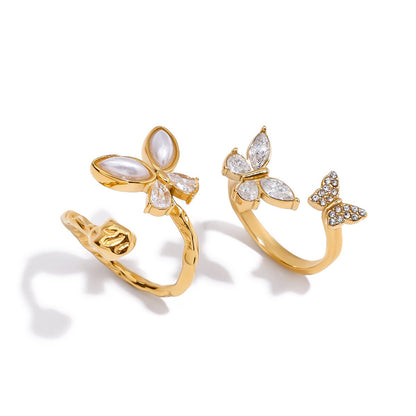 18K Gold Bejeweled Pearl Butterfly Cuff Ring