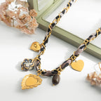 18K Gold Cinnamon Kiss Pearl Heart Ribbon Chain Charm Necklace