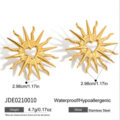 18K Gold Sunburst Heart Statement Stud Earrings