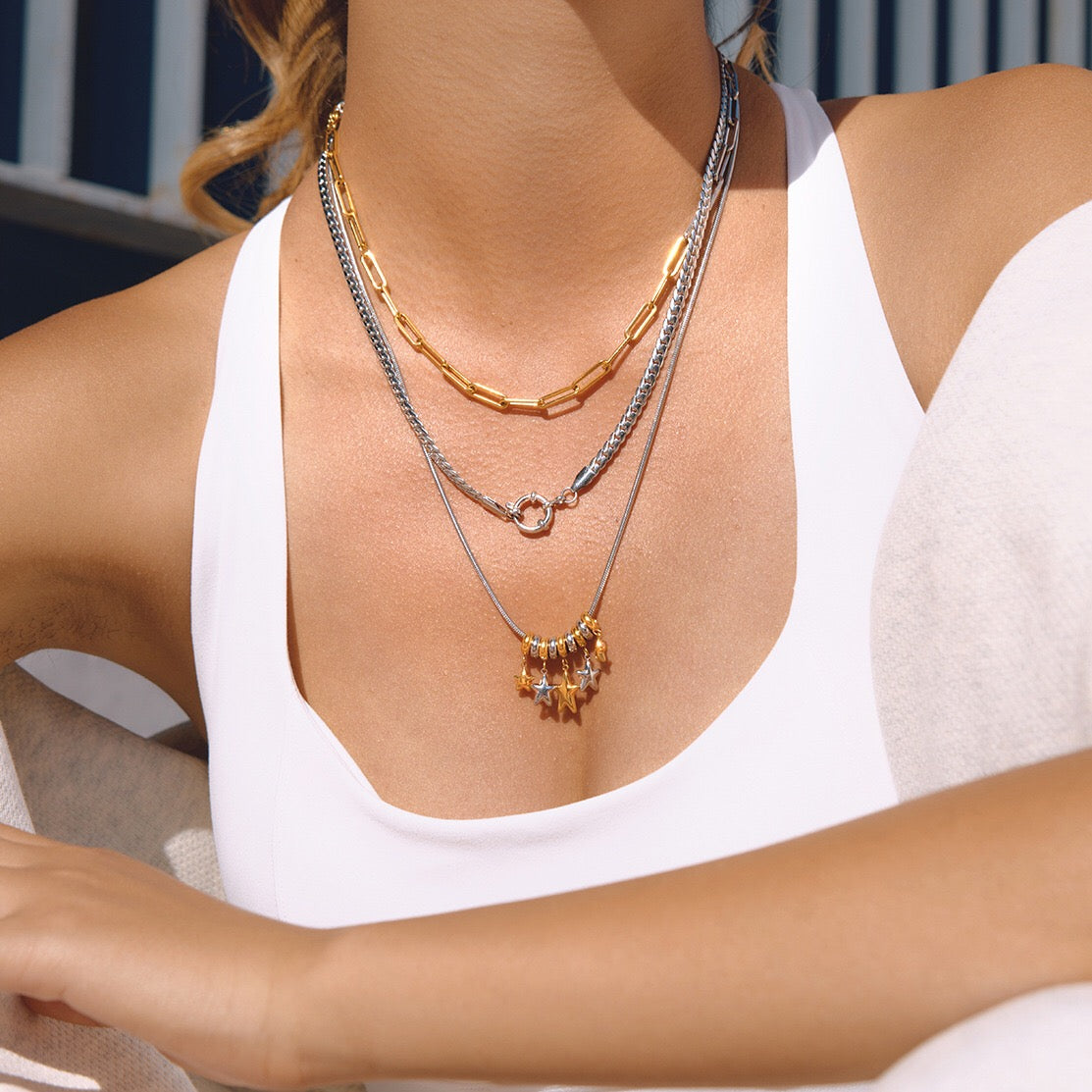 18K Gold and Silver Two Tone Nova Star Charm Long Necklace